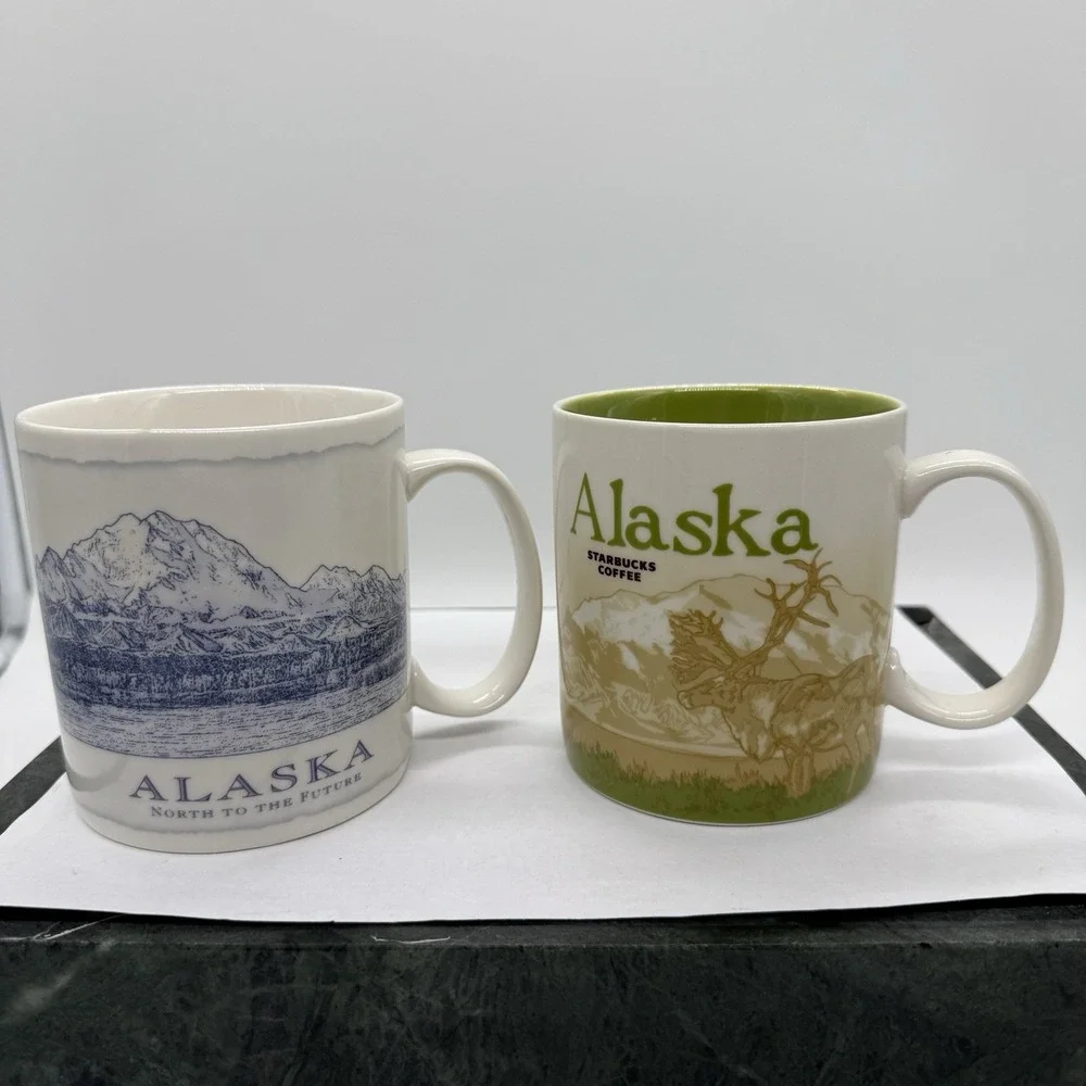 Starbucks Alaska Mug Lot 2 18oz Coffee Cups 2007 2011 Bear Caribou Collector